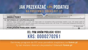 Bardzo serdecznie dziękuje za dotychczasowe odpisy z tytułu 1.5%. Zachęcamy do odpisu w 2025 na Placówkę Opiekuńczo-Wychowawczą w Janowie Podlaskim  , na poniższy KRS oraz cel szczegółowy. Dziękujemy i prosimy o udostępnianie.